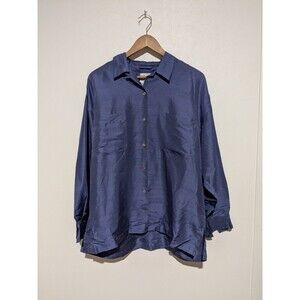 Vintage 90s Arleen Bowman Chin Chin Blue Purple Silk Shantung Blouse M Button Up